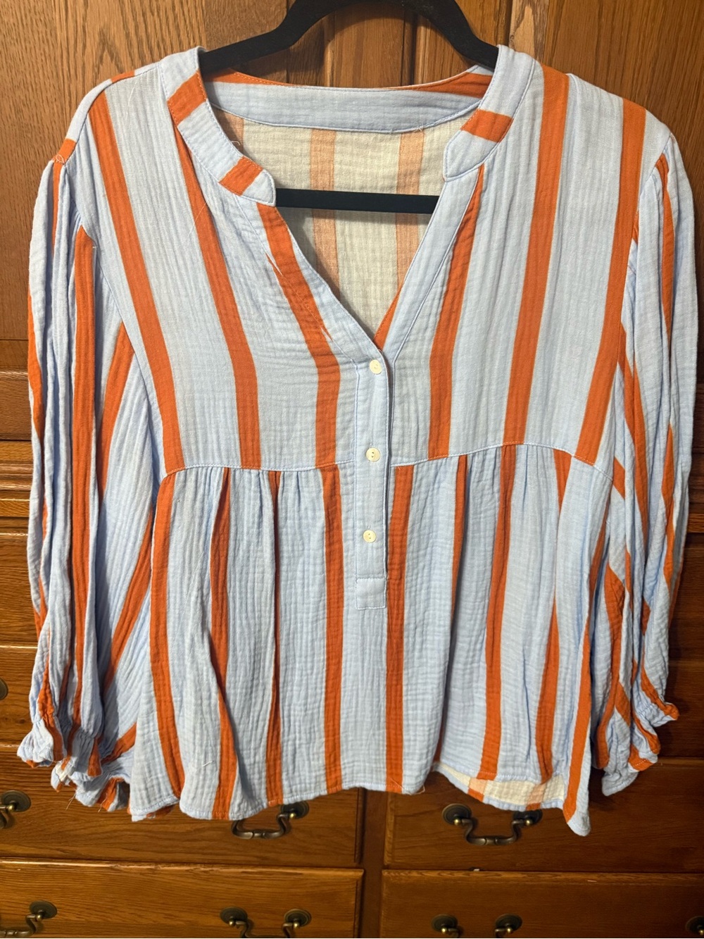 Striped Button-Front Peasant Blouse - Orange & Light Blue